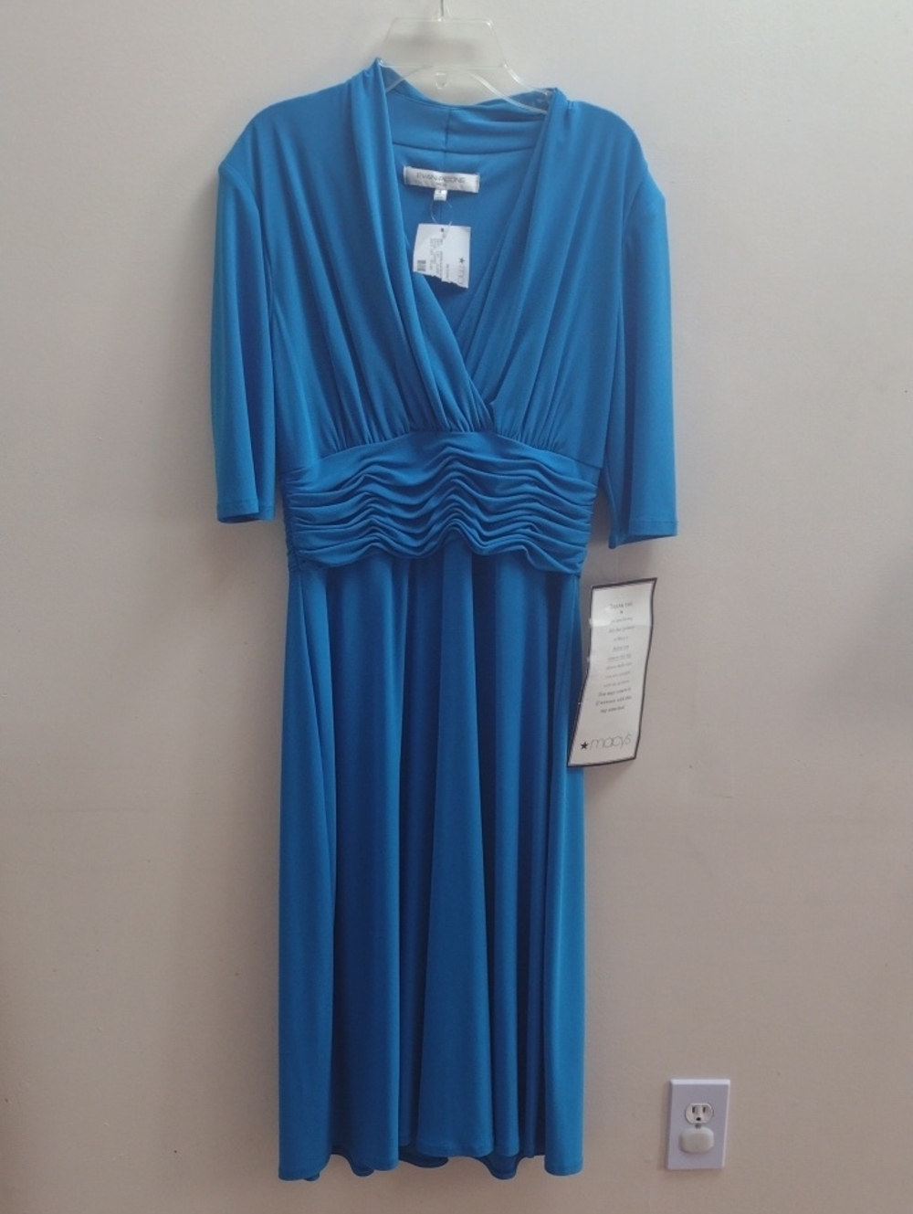 Evan Picone Turquoise V-Neck Ruched Waist Midi Dress